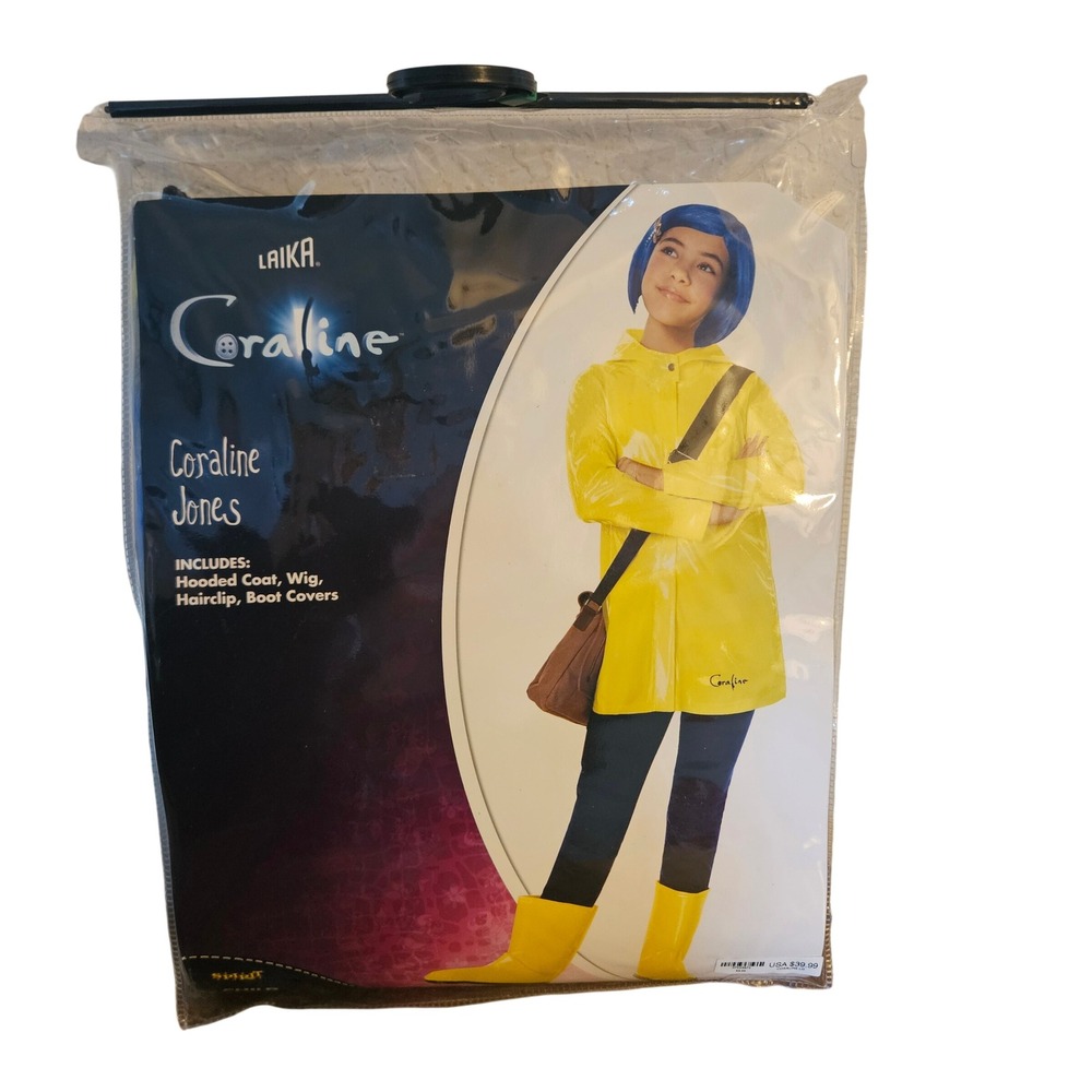 Spirit Halloween Coraline Jones Child Costume Kids Large Yellow Raincoat Wig Set